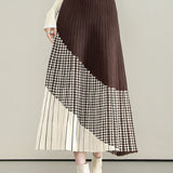 Casual Versatile Asymmetric Color-Block Argyle Pleated Midi Skirt