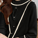 Casual Versatile Color-Block Ruffled Drawstring Knitted Top