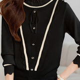 Casual Versatile Color-Block Ruffled Drawstring Knitted Top