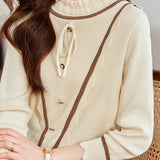 Casual Versatile Color-Block Ruffled Drawstring Knitted Top