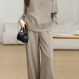 Casual Minimalist Comfortable Color-Block Topstitch Knitted Top & Pants Two-Piece Set