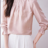 Stand Collar Ruffled Pleated Embroidered Beaded Shirt
