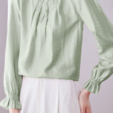 Stand Collar Ruffled Pleated Embroidered Beaded Shirt
