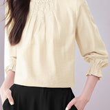 Stand Collar Ruffled Pleated Embroidered Beaded Shirt