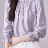 Stand Collar Ruffled Pleated Embroidered Beaded Shirt