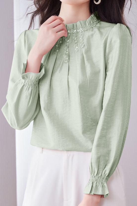 Stand Collar Ruffled Pleated Embroidered Beaded Shirt