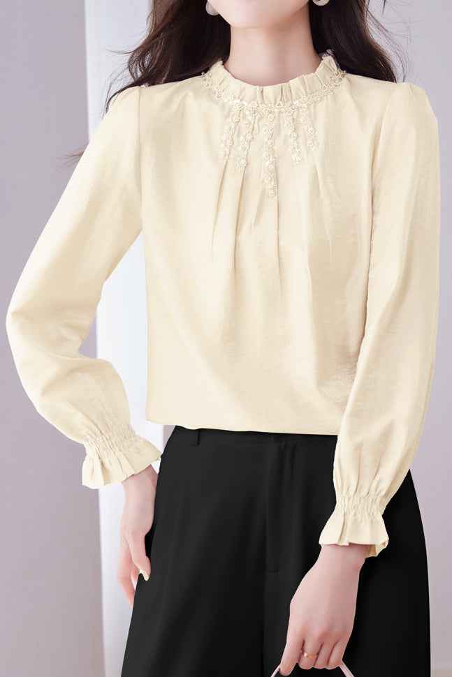 Stand Collar Ruffled Pleated Embroidered Beaded Shirt