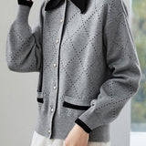 Casual Hollow-Out Color-Block Lapel Knitted Cardigan