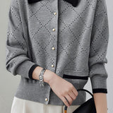 Casual Hollow-Out Color-Block Lapel Knitted Cardigan