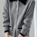 Casual Hollow-Out Color-Block Lapel Knitted Cardigan