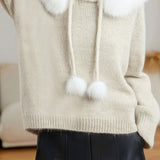 Hooded Detachable Fur Collar Knitted Top
