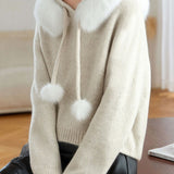 Hooded Detachable Fur Collar Knitted Top