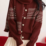 Jacquard Crew Neck Scarf Collar Knitted Cardigan