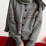 Jacquard Crew Neck Scarf Collar Knitted Cardigan