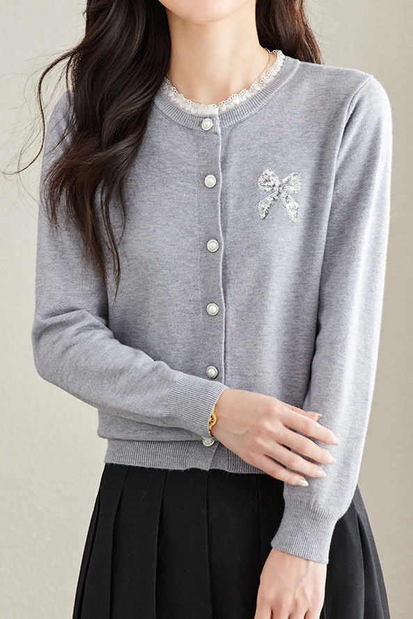 Crew Neck Lace Sequin Cardigan