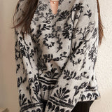 Casual V-Neck Loose Color-Block Jacquard Sweater