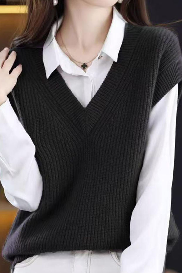 Casual Versatile Solid-Color V-Neck Knitted Vest