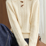 Casual Versatile Solid-Color Cable-Knit Ivory Lapel Knitted Top