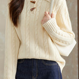 Casual Versatile Solid-Color Cable-Knit Ivory Lapel Knitted Top