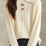 Casual Versatile Solid-Color Cable-Knit Ivory Lapel Knitted Top