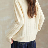 Casual Versatile Solid-Color Cable-Knit Ivory Lapel Knitted Top