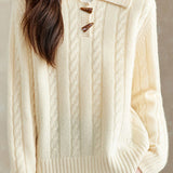 Casual Versatile Solid-Color Cable-Knit Ivory Lapel Knitted Top