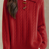 Casual Versatile Solid-Color Cable-Knit Ivory Lapel Knitted Top