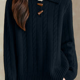 Casual Versatile Solid-Color Cable-Knit Ivory Lapel Knitted Top