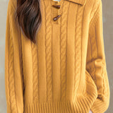 Casual Versatile Solid-Color Cable-Knit Ivory Lapel Knitted Top