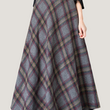 Casual Versatile Color-Block Plaid Woolen Midi Skirt