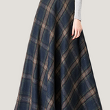 Casual Versatile Color-Block Plaid Woolen Midi Skirt