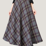 Casual Versatile Color-Block Plaid Woolen Midi Skirt