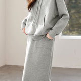 Casual Versatile Solid-Color Wool Sweatshirt & Midi Skirt Two-Piece Set