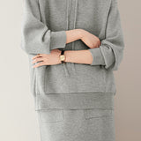 Casual Versatile Solid-Color Wool Sweatshirt & Midi Skirt Two-Piece Set