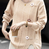 Casual Versatile Color-Block 3D Crocheted Flower Sweater