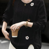 Casual Versatile Color-Block 3D Crocheted Flower Sweater