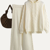 Casual Versatile Solid-Color Cable-Knit Hooded Sweater & Pants Two-Piece Set