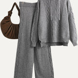 Casual Versatile Solid-Color Cable-Knit Hooded Sweater & Pants Two-Piece Set