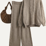 Casual Versatile Solid-Color Cable-Knit Hooded Sweater & Pants Two-Piece Set