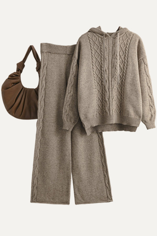 Casual Versatile Solid-Color Cable-Knit Hooded Sweater & Pants Two-Piece Set