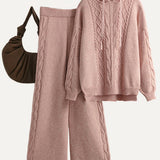 Casual Versatile Solid-Color Cable-Knit Hooded Sweater & Pants Two-Piece Set