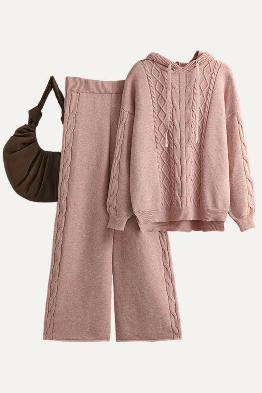 Casual Versatile Solid-Color Cable-Knit Hooded Sweater & Pants Two-Piece Set