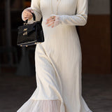 Elegant Temperament Solid-Color Lace Trim Knitted Dress