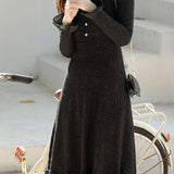Elegant Temperament Solid-Color Lace Trim Knitted Dress