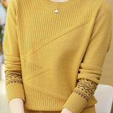 Casual Versatile Crew Neck Jacquard Pullover Knitted Top