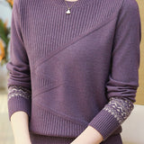 Casual Versatile Crew Neck Jacquard Pullover Knitted Top