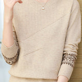 Casual Versatile Crew Neck Jacquard Pullover Knitted Top