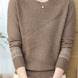 Casual Versatile Crew Neck Jacquard Pullover Knitted Top