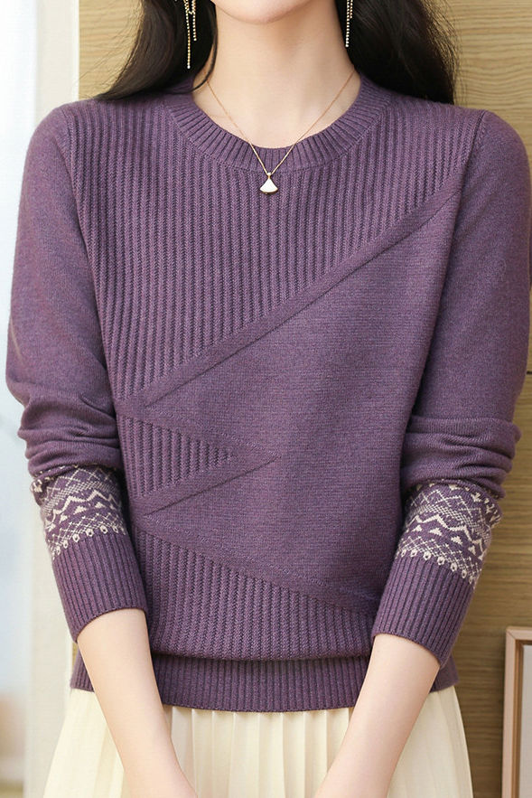 Casual Versatile Crew Neck Jacquard Pullover Knitted Top