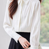 Commuter Versatile Satin Argyle Pattern Open-Front Blouse